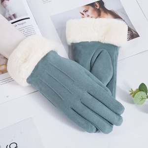 Teal faux suede gloves with white faux fur cuffs for women outdoors winter warm touch screen