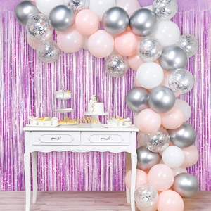Pink and silver balloon arch set with shimmering tinsel curtain for party wall decoration