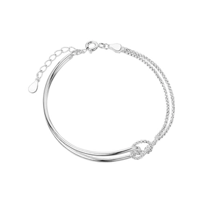 Minimalist silver chain bracelet with geometric knot and double-layer linkage design