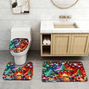 Three-piece Christmas bathroom rug set with festive fireplace and tree pattern design