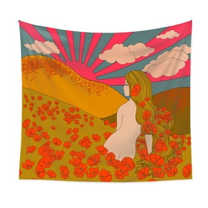 Artistic detail of a bohemian tapestry featuring retro illustration in warm colors