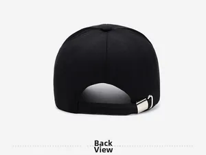 Detailed back view of a black baseball cap featuring an adjustable metal buckle strap