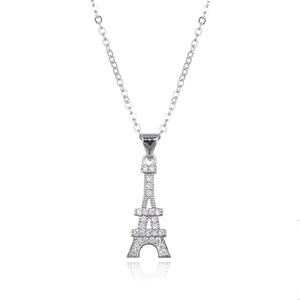 Sparkling silver Eiffel Tower pendant necklace with CZ inlay and polished silver chain