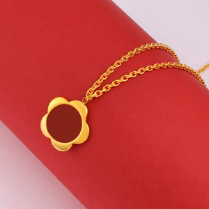 Elegant gold stainless steel necklace with dark red five-petal flower pendant for women