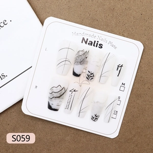 Handmade Press On Nails Chinese Style Ink Wash Bamboo Pattern Matte Long Coffin Shape False Nails For Women