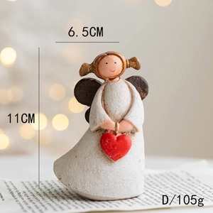 Rustic resin angel figurine with red heart, 11cm height, farmhouse Christmas decor