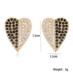 Gold-plated heart earrings with black and white cubic zirconia and 3g weight info