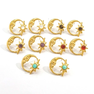 French vintage celestial earrings set with natural moon and star stones in 14K gold finish