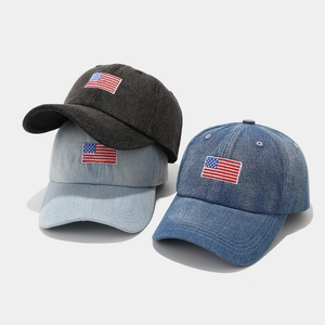 Vintage washed denim baseball caps with American flag embroidery in black and blue