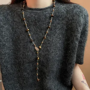 Tiger Eye Bead Long Necklace With Zircon Inlaid Leaf Pendant Retro Maillard Style Y Shape Sweater Chain For Women