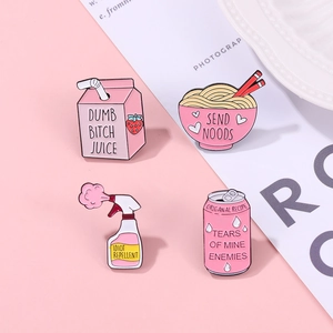 Pink Enamel Pin Funny Slogan Brooch Alloy Spray Bottle Soda Can Juice Box Ramen Bowl Badge For Clothes Bags Jewelry Gift