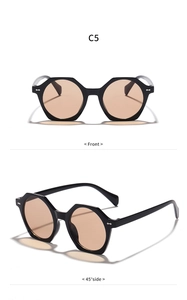 Front and 45-degree angle views of black polygon sunglasses with silver diamond rivets