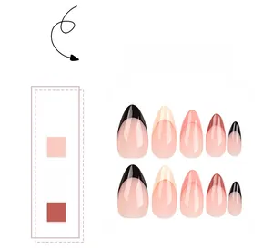Detail of almond-shaped press-on nails with French gradient in pink and black