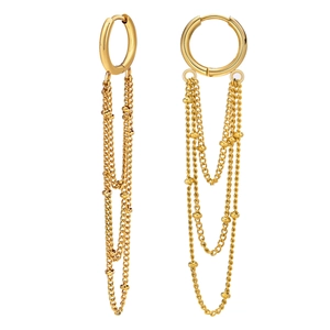 Three-layer gold stainless steel hoop earrings with long bead chain tassels for women