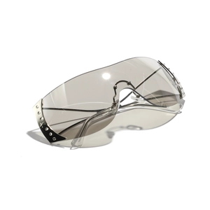 Y2K rimless shield sunglasses with grey lenses and diamond-studded metal details