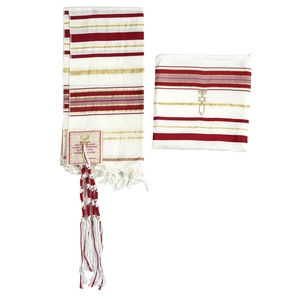 Detailed set of white polyester Tallit prayer shawl with red and gold stripes and matching bag