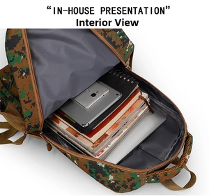 Internal view of camouflage backpack showing spacious main compartment for laptop and books