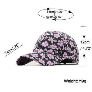 Women's floral baseball cap in black with pink flower print and adjustable size guide