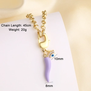 Detail of gold evil eye and purple pepper pendant necklace showing 45cm chain length