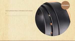 Detailed macro view of high-quality black leather belt with precision punching and lychee texture