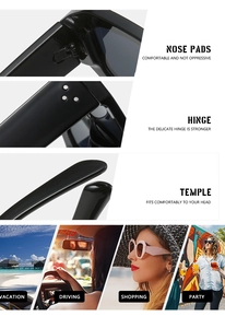 Detailed views of eyewear hinges and nose pads with various lifestyle application scenes