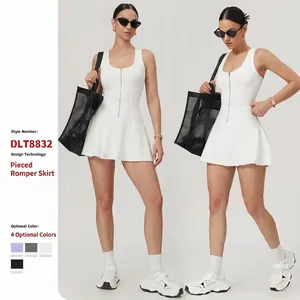 Women Sleeveless Athletic Tennis Dress Zipper Front Racerback A Line Fitness Dress One Piece Running Sport Skirt