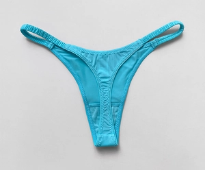 Detail of teal ice silk thong with high elasticity and seamless stitching finish