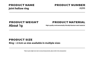 Detailed chart of hollow knuckle ring A206 showing titanium steel material and size