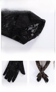 Detail view of black floral lace gloves showing delicate embroidery and arm length design