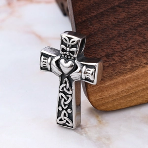 Cross necklace with Claddagh and Celtic knot design in polished stainless steel