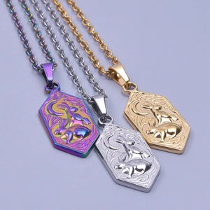 Hexagonal stainless steel rabbit moon pendant necklaces in gold silver and rainbow colors