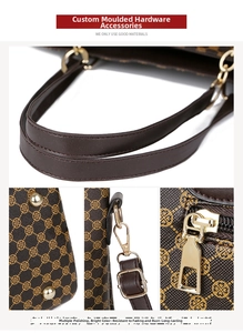 Detail of custom gold hardware and clover pattern on women's satchel handbag set