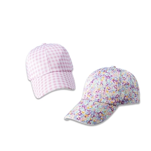 Checkered pink and colorful floral baseball caps with curved brims in a soft cotton fabric