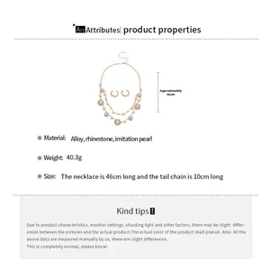 Detailed size specifications for double-layer pearl necklace with rhinestone pendant