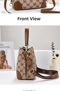 Detail of vintage monogram bucket bag with jacquard strap and gold-tone hardware