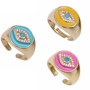 Evil Eye Adjustable Open Ring Gold Plated Copper Zircon Enamel Drip Oil Wide Band Vintage Jewelry