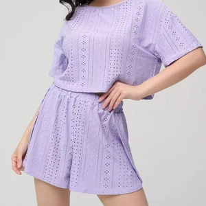 Ensemble De Pyjama Haut Et Short Femme Broderie Anglaise Ajourée Tenue De Détente D'Été Vêtements De Nuit Respirants