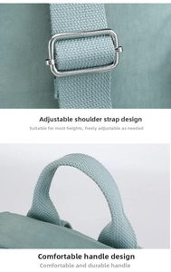 Detail of light green fabric backpack showing metal strap buckles and reinforced handle