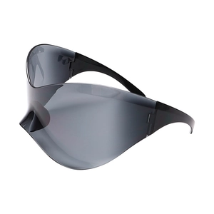 Detail of oversized punk mask sunglasses with dark grey lenses and Y2K aesthetic