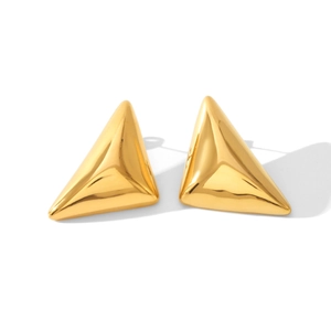 Macro shot of 3D triangle gold stud earrings with a high-polished mirror finish
