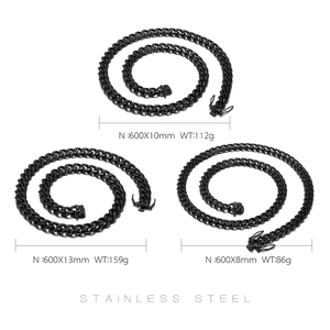Detailed comparison of black stainless steel Cuban chains in 8mm, 10mm and 13mm widths