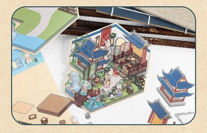 3D miniature Chinese garden DIY sticker kit with pavilion and rabbit character