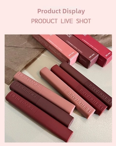 Detailed arrangement of six matte velvet lipsticks in shades like bean paste and dark red