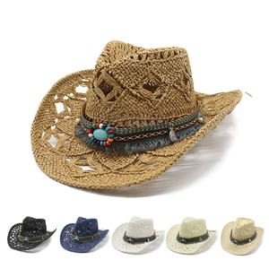 Women Western Straw Cowboy Hat Hollow Breathable Ethnic Bohemian Style With Tassels Turquoise Bead Sun Protection Beach