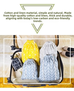 Detailed set of cotton linen drawstring travel storage bags in a suitcase