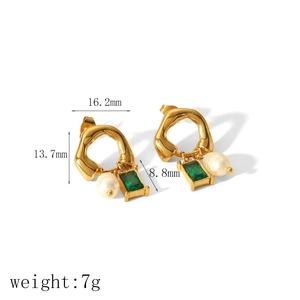 18k gold stainless steel hoop earrings with emerald zircon and white pearl charms