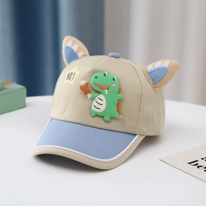Detail of cute baby baseball cap with 3D green dinosaur and NO.1 star embroidery