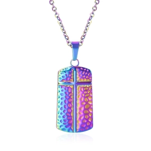 Detailed macro of a rainbow plated stainless steel cross necklace with hammered texture