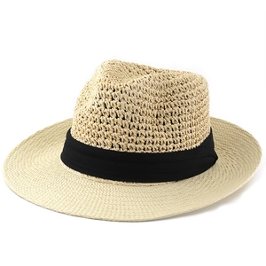 Classic straw fedora hat with black ribbon and breathable hollow weave design