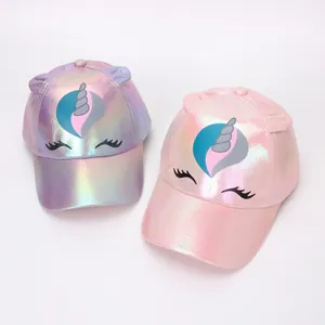 Kinder Einhorn Baseballkappen aus Laser-Glanzstoff mit süßen Katzenohren in Pink und Lila